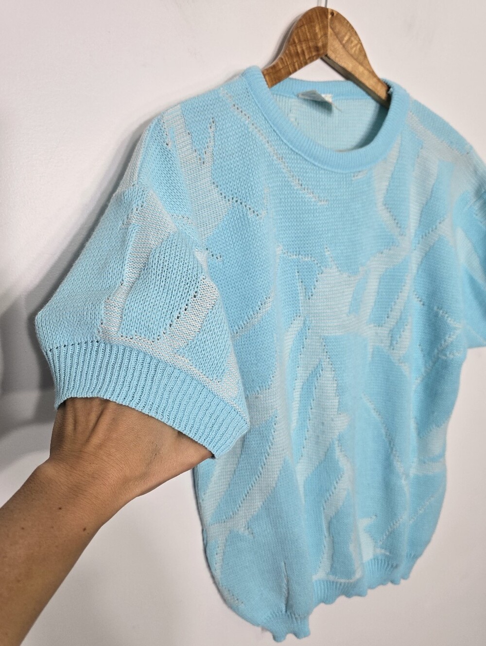 Vintage Tree-KO Blue Retro Knitted Short Sleeve Pull Over Sweater Made In Canada - Picture 3 of 12